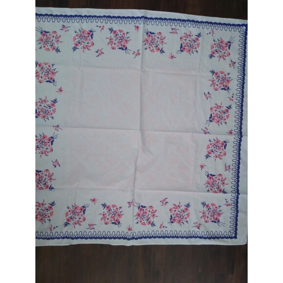Vintage 50s Floral Tablecloth Pink Purple Floral Spring Botanical 49" Sq… - Picture 1 of 5